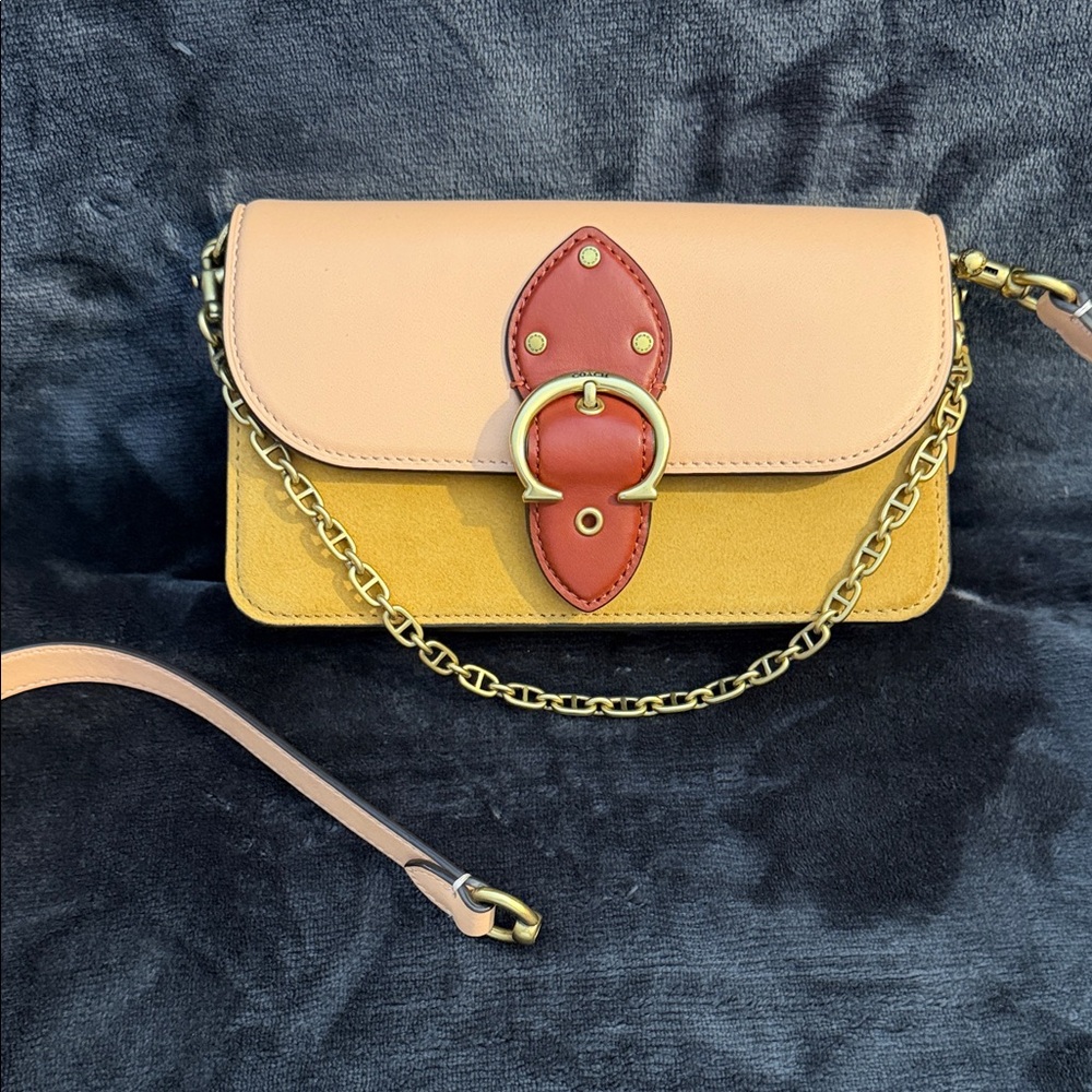Coach Peach, Mustard & Red Leather Colorblock Crossbody with Gold Chain